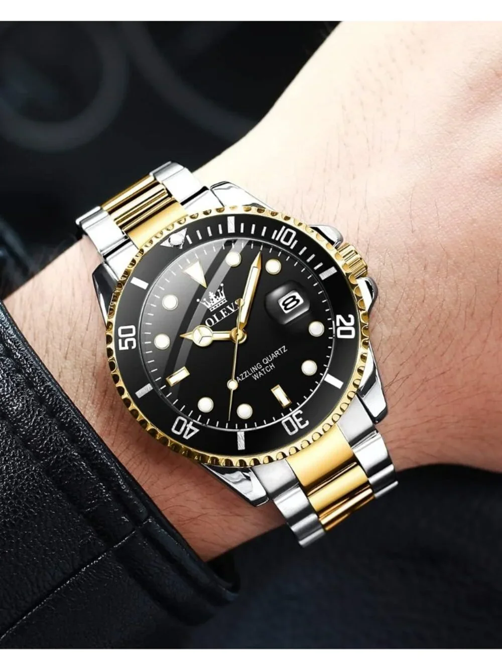 Mens Black Premium Gold and Silver Stainless Analog Rotatable Bezel Steel Watch